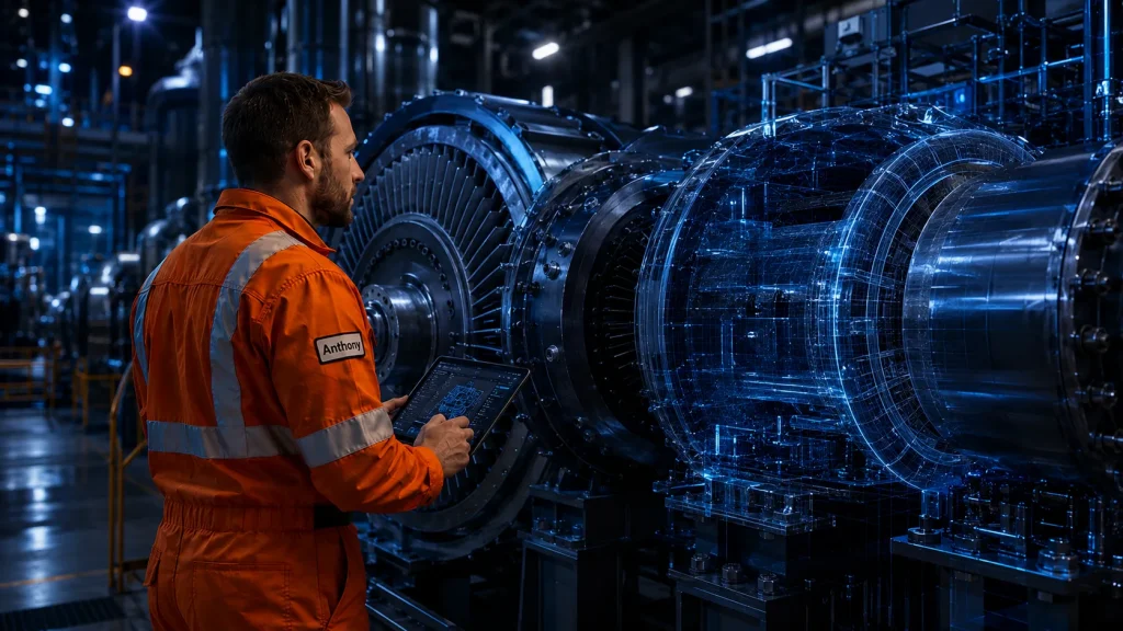 Illustration of a technician 3D scanning a large turbine rotor with the captured geometry shown as a wireframe overlay